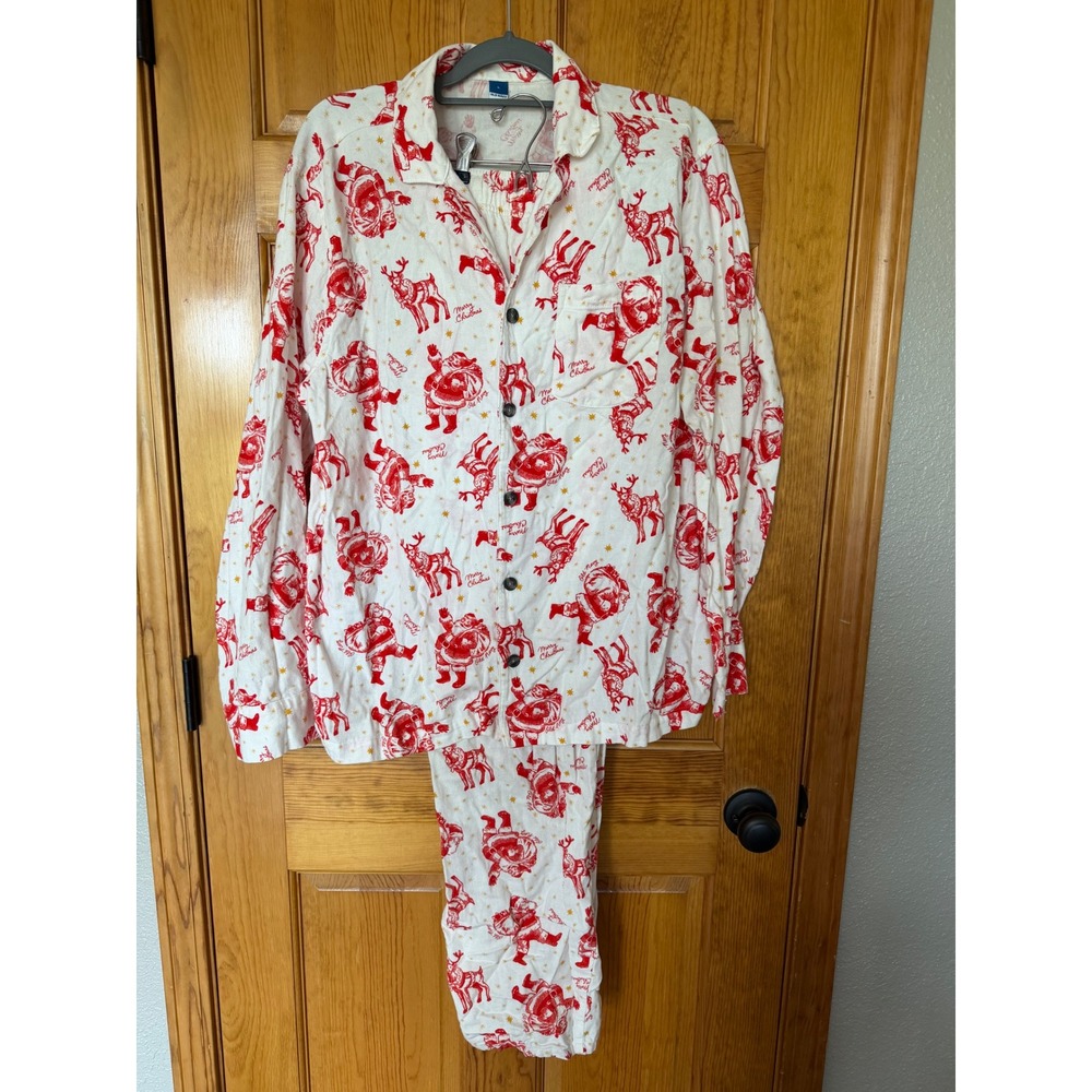 Old Navy Womens Pajama Set Large Red White Santa Reindeer Christmas 2 Piece L